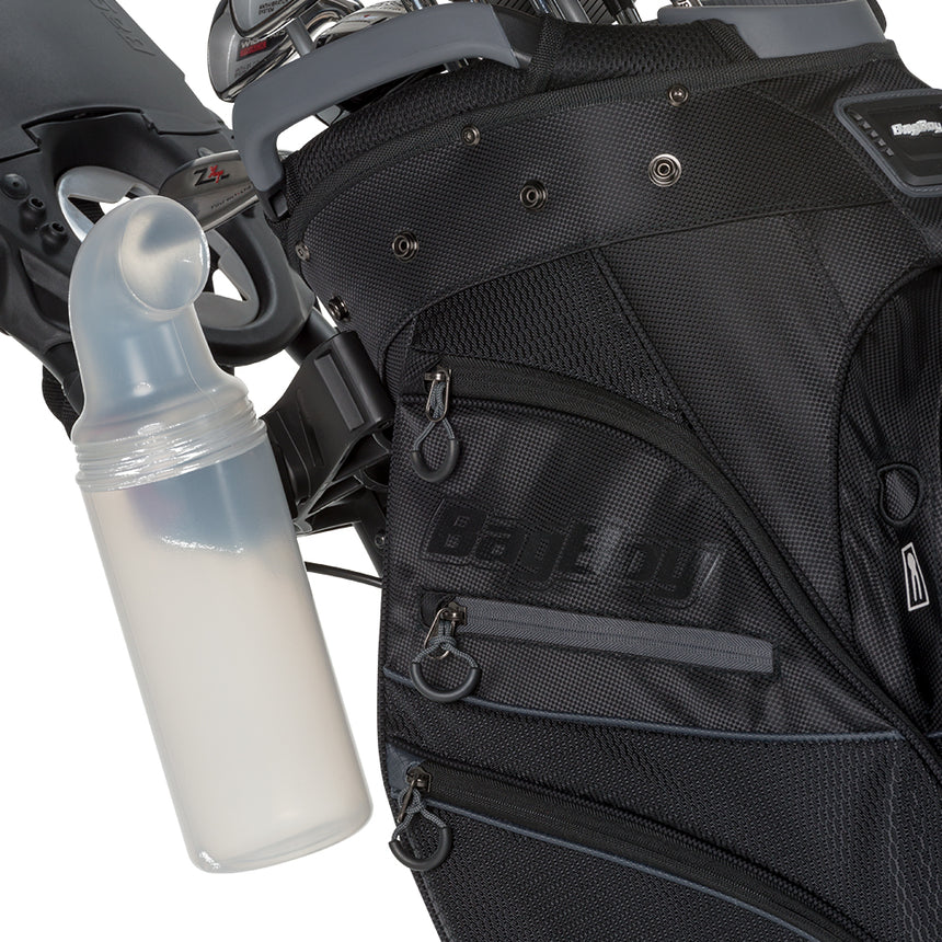 Sand Seed Bottle Clipped to BagBoy Nitron Push Cart Mount