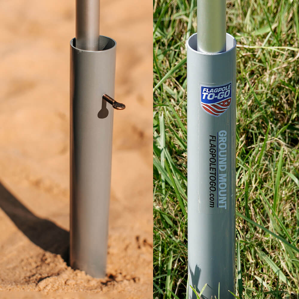 split image ground spike flag pole holder in grass and sand